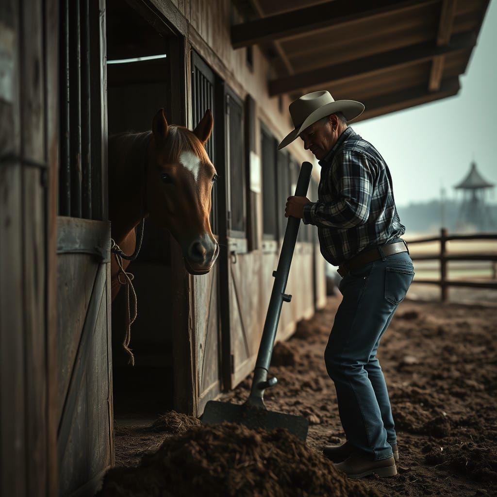 Cowboy Attentively Cleans Horse Stall in Hyperrealistic HDR