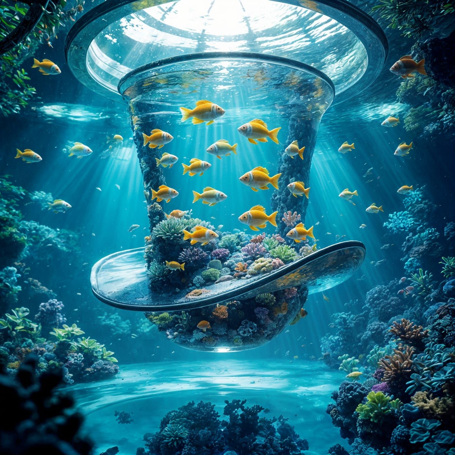 Glowing Glass Top Hat Aquarium with Tropical Fish