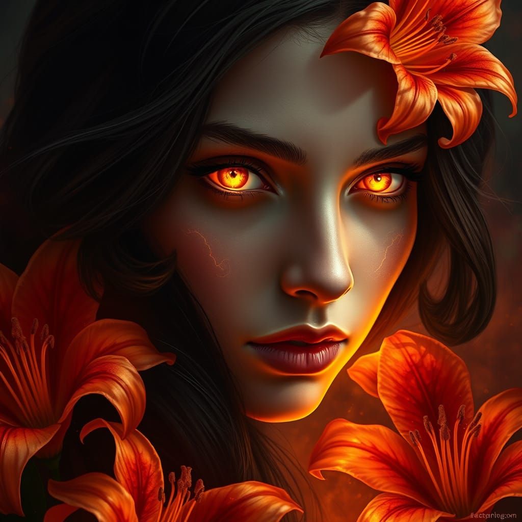 Mystical Woman in a Dreamlike Landscape of Vibrant Lilies