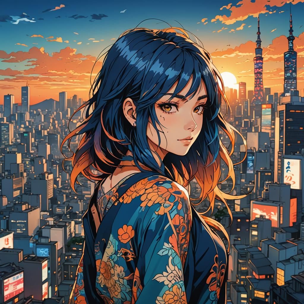 Vivian in Tokyo: An Anime-Style Sunset
