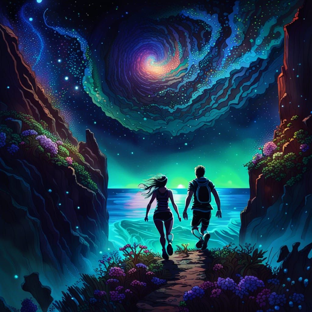 Couple Running to Cliff with Bioluminescent Ocean
