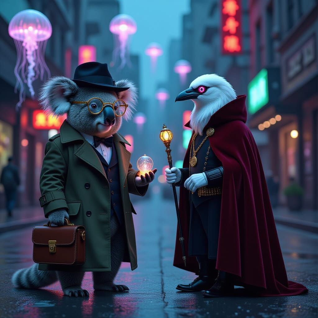 Koala and Crow Encounter in Neon Cityscape