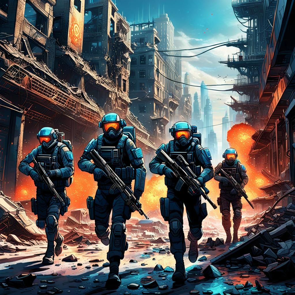 Futuristic Military Squad in Ruined City, Neon Accents