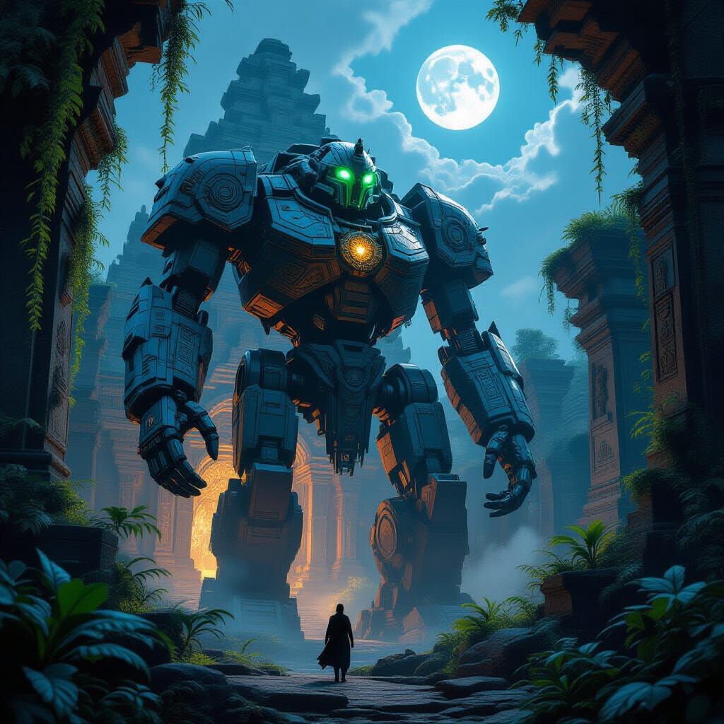 Ancient Robot Guards Luminous Temple in Fantasy Art
