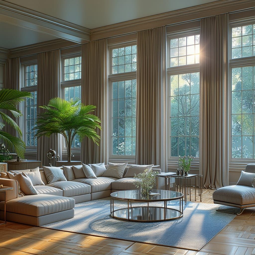 Sparkling Modern Living Room with Sunlight and Minimalist Fu...