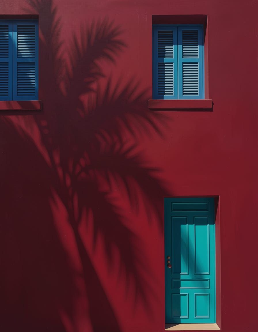 Minimalist Mediterranean Facade with Crimson Wall and Blue D...