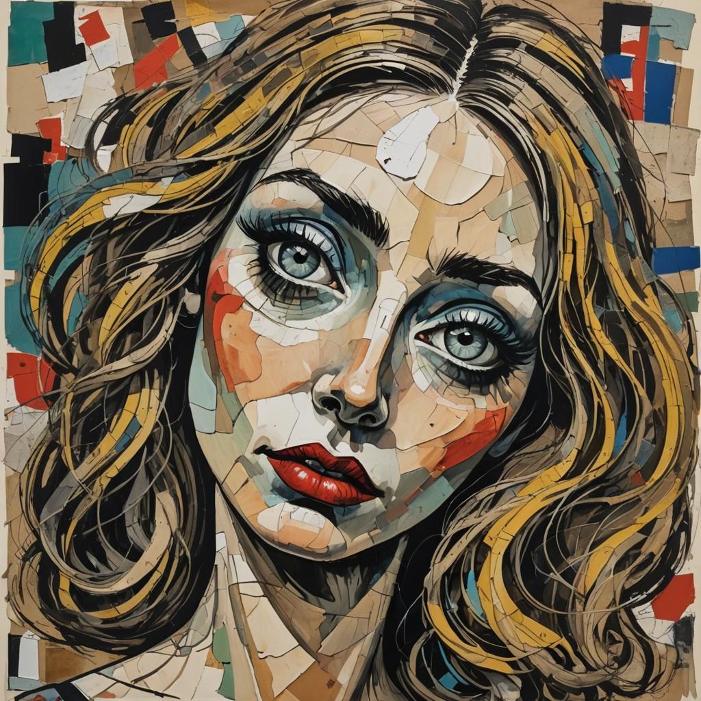 Vibrant Folk Art Collage Portrait with Mixed Media