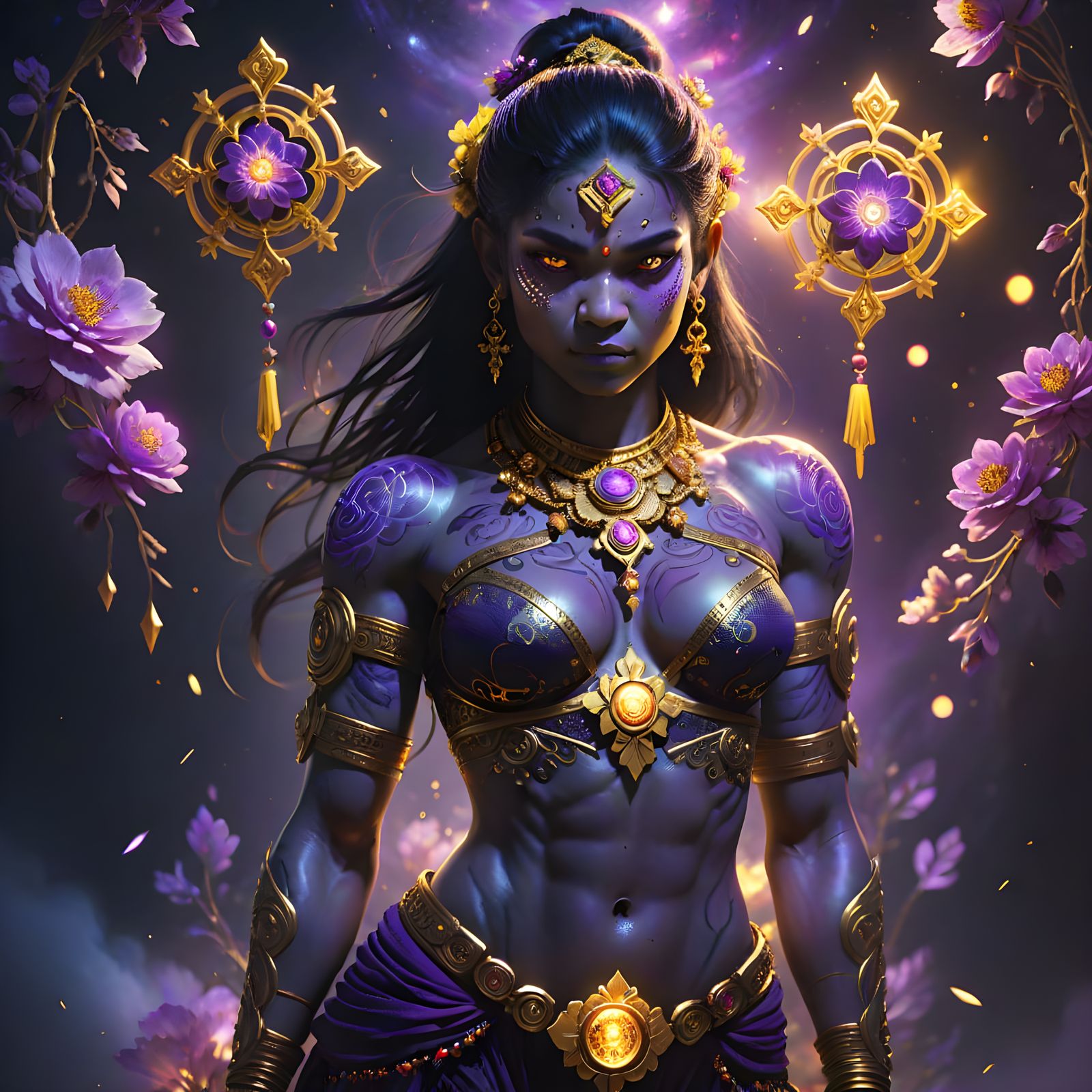 Dark Fantasy Goddess with Vibrant Floral Tattoos and Glowing...