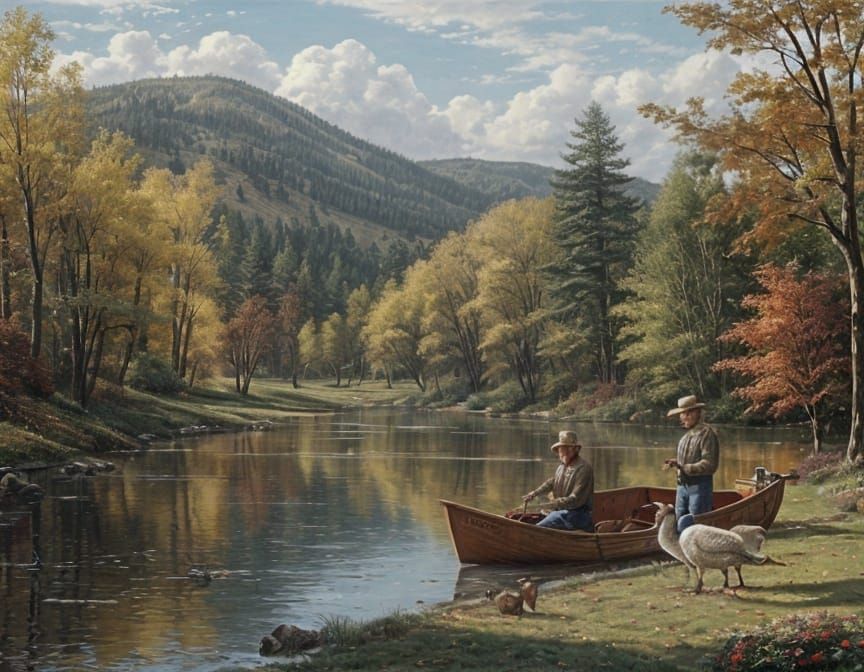 Autumn Park Scene with Fisherman in Oil Painting Style