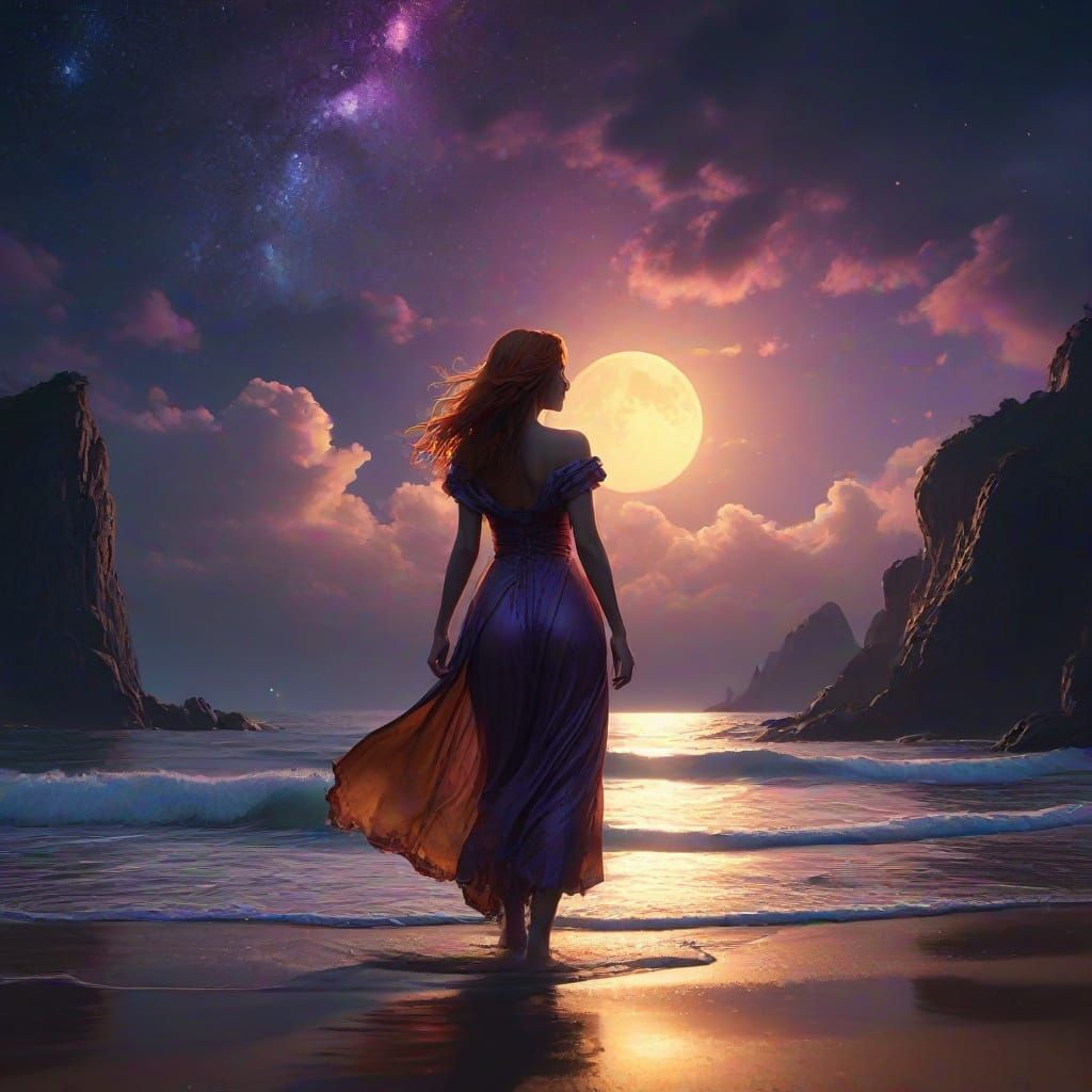 Fantasy Girl Amidst a Stormy Night Sky