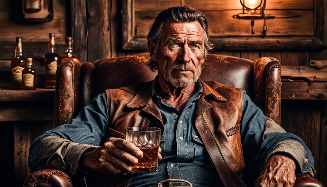 Weathered Cowboy Portrait in Dusty Saloon