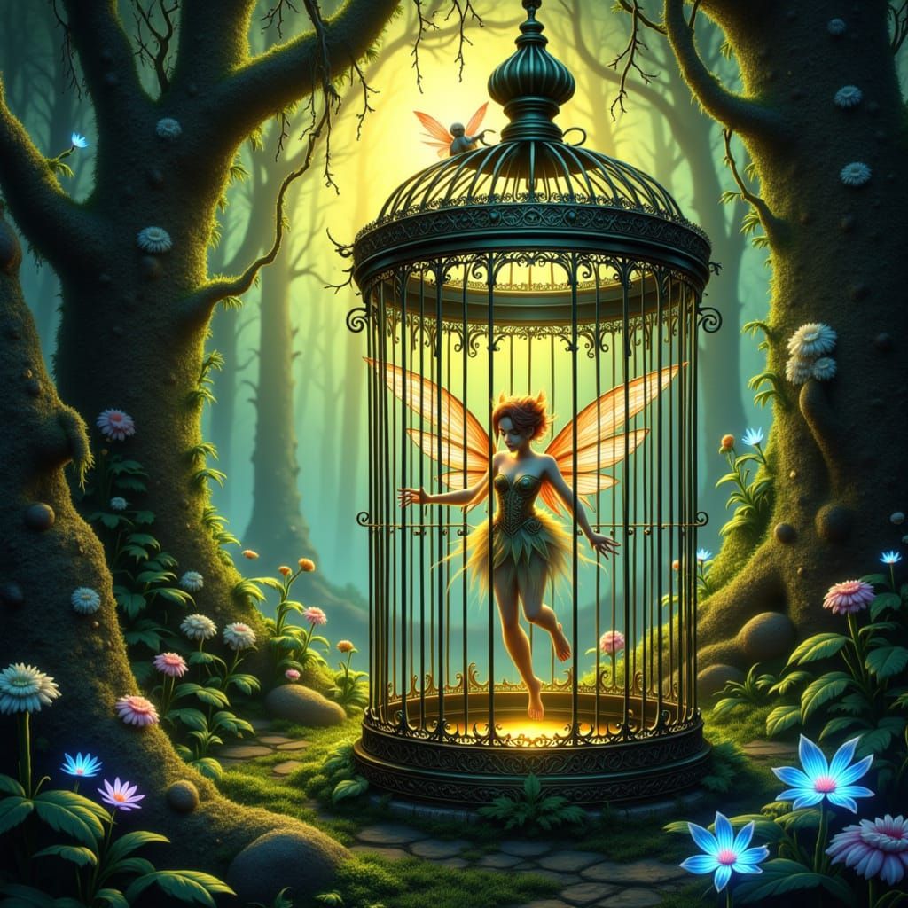 Fairy and Pet Trapped in Ornate Birdcage in Mystical Forest