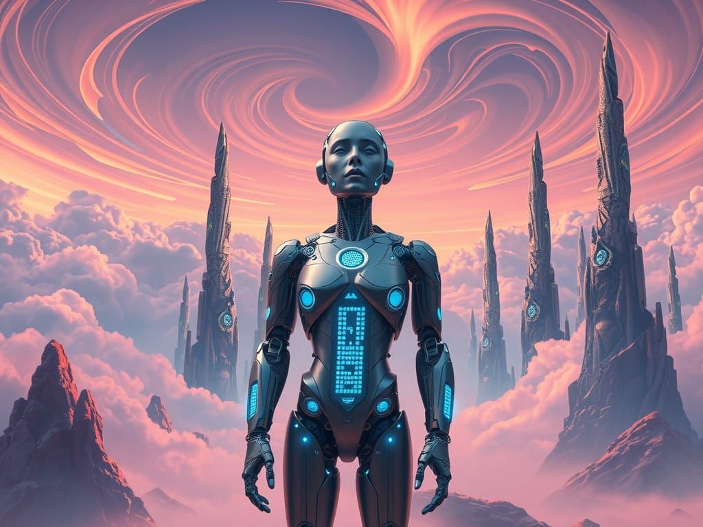 Metallic Robot Amidst Iridescent Cosmic Landscape
