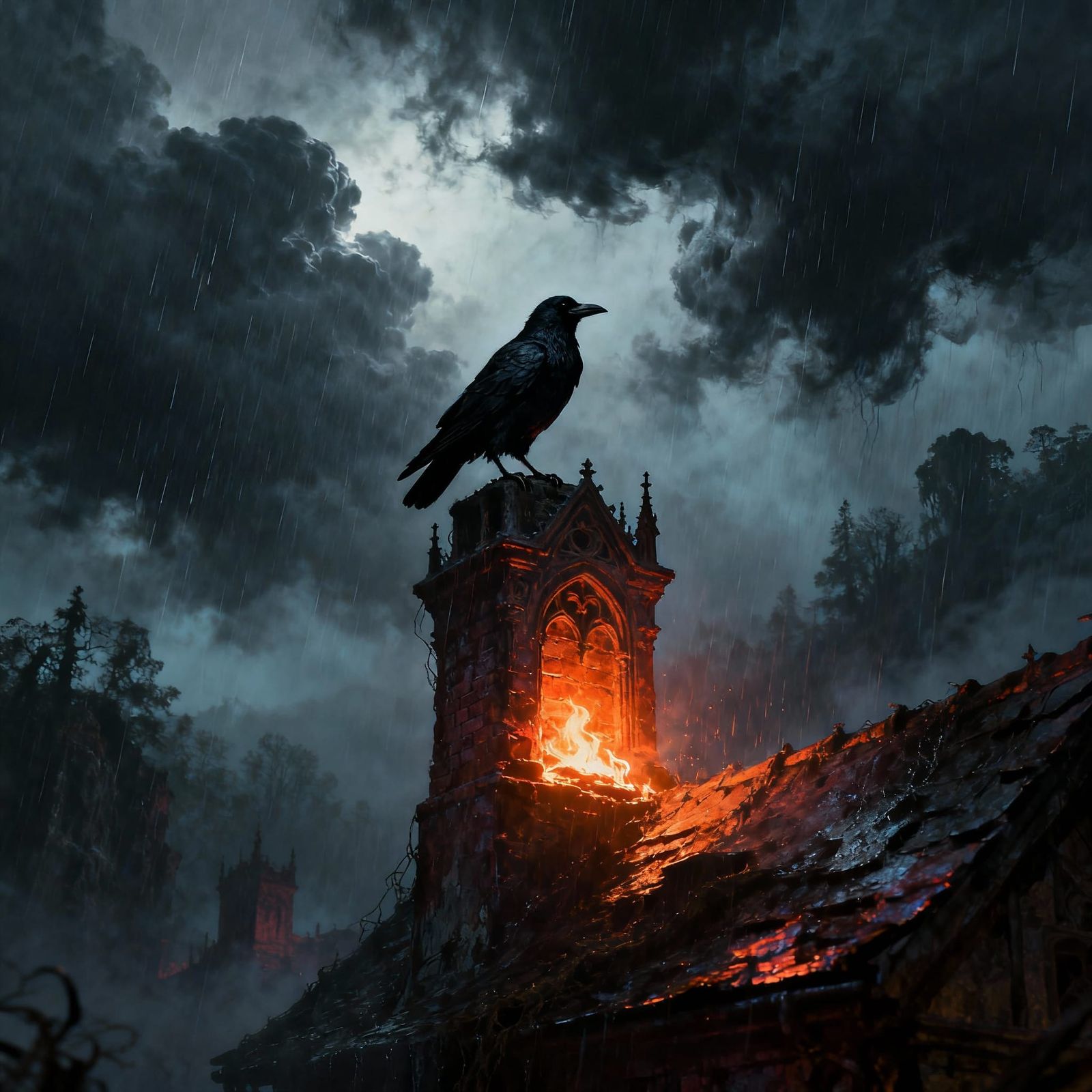 Gothic Crow on Chimney in Stormy Night Oil Painting