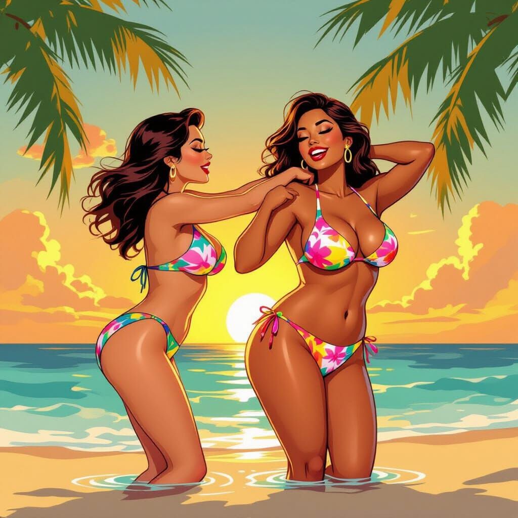 Playful Bikini Scene at Tropical Sunset
