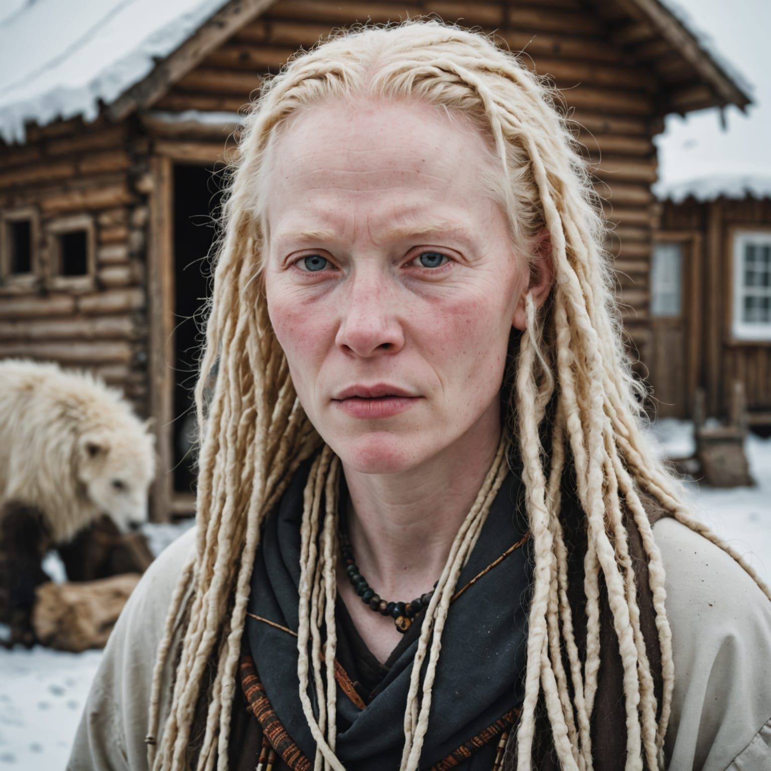 Albino Tribal Elder in Snowy Arctic Village: Photography