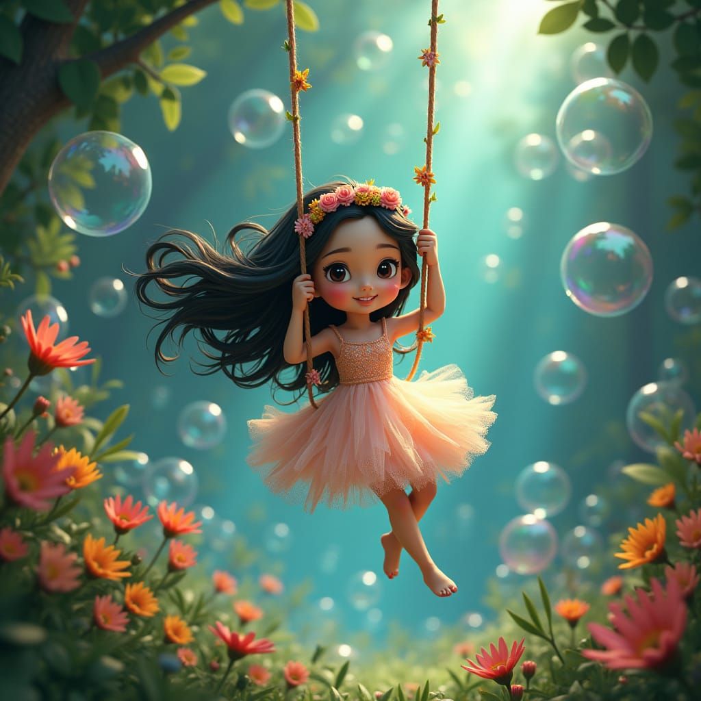 Enchanted Girl Swinging in a Bubble Vortex