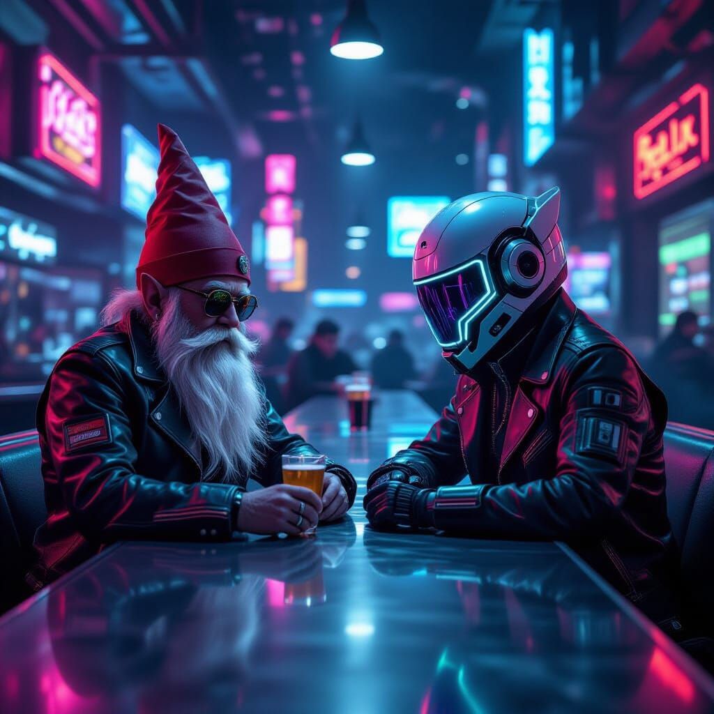 Cyberpunk Gnome and Elf at Neon Bar