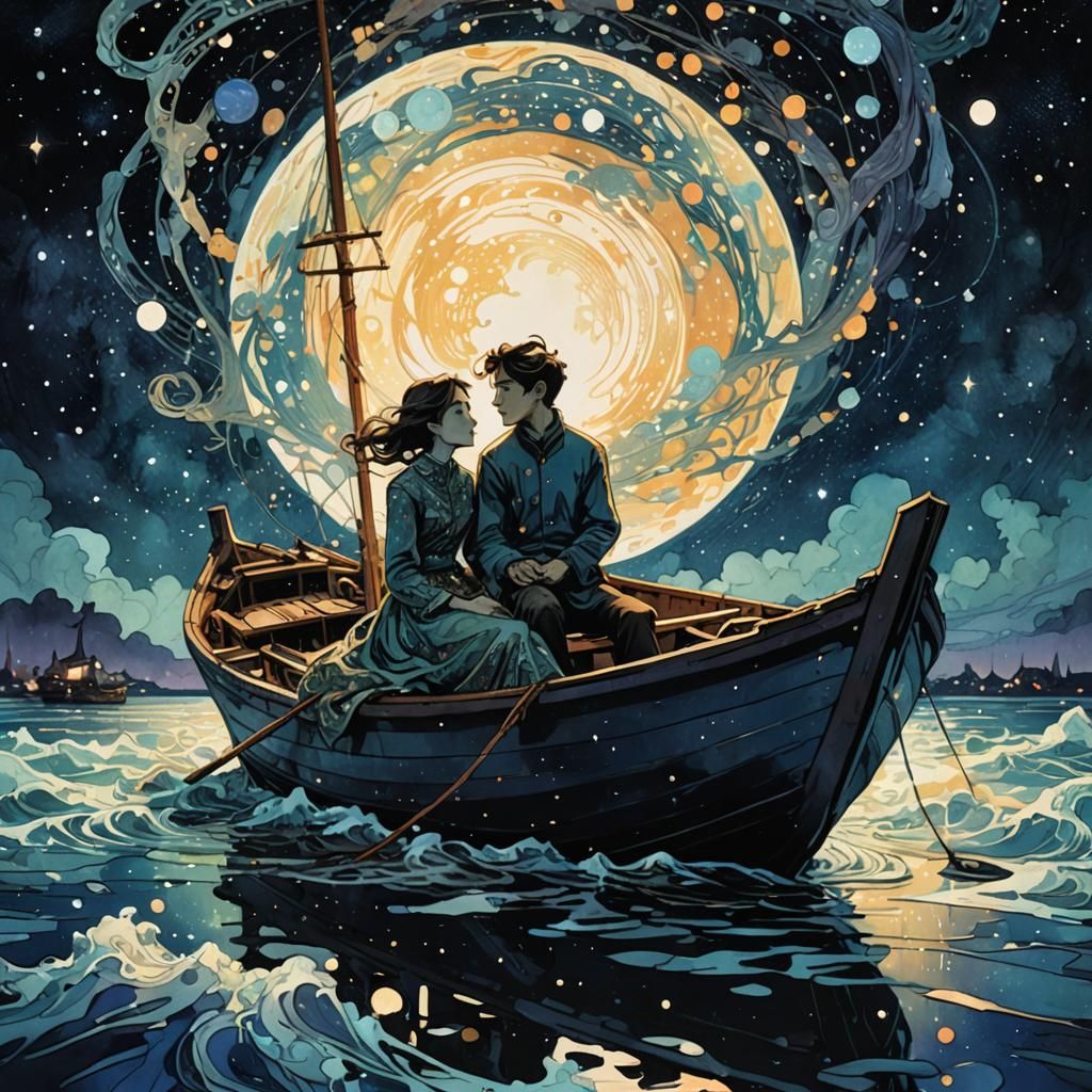 Lovers Under Galaxy Sky: Impressionist Gouache Illustration