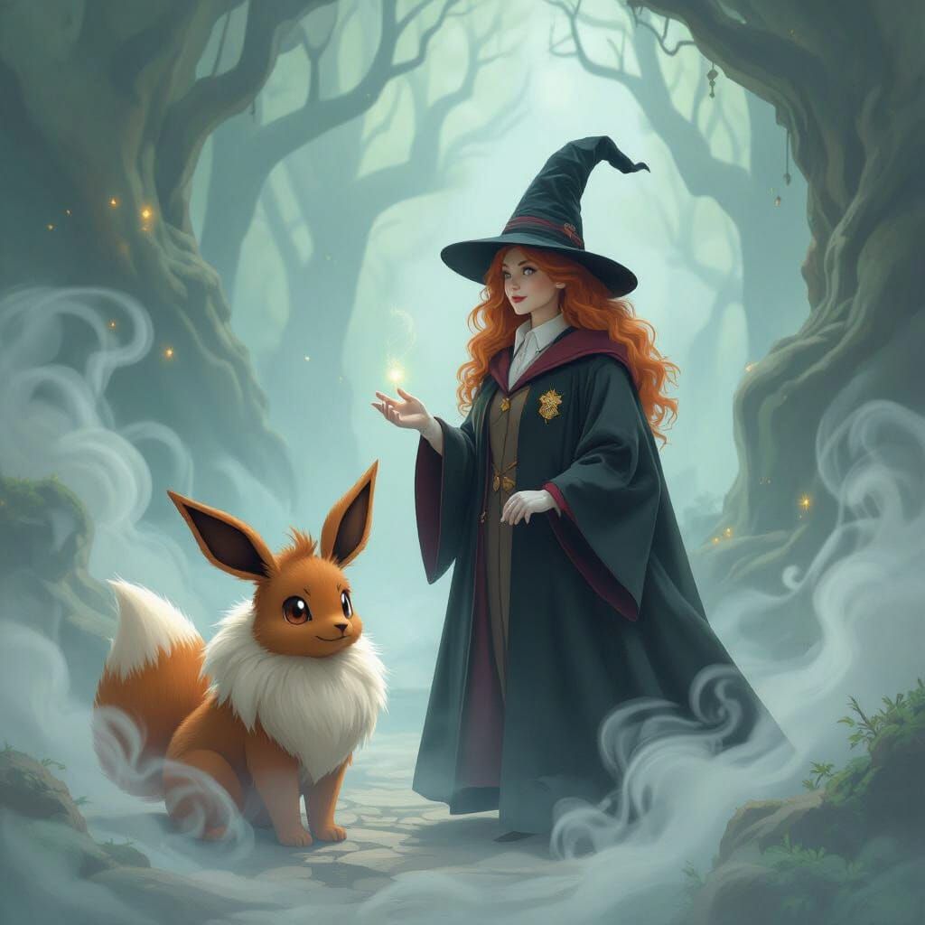 Mystical Professor with Eevee in Hogwarts