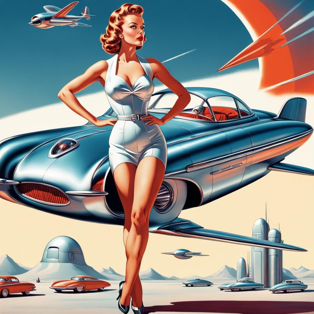 Retro Sci-Fi Flying Car Ad with Pin-Up Model