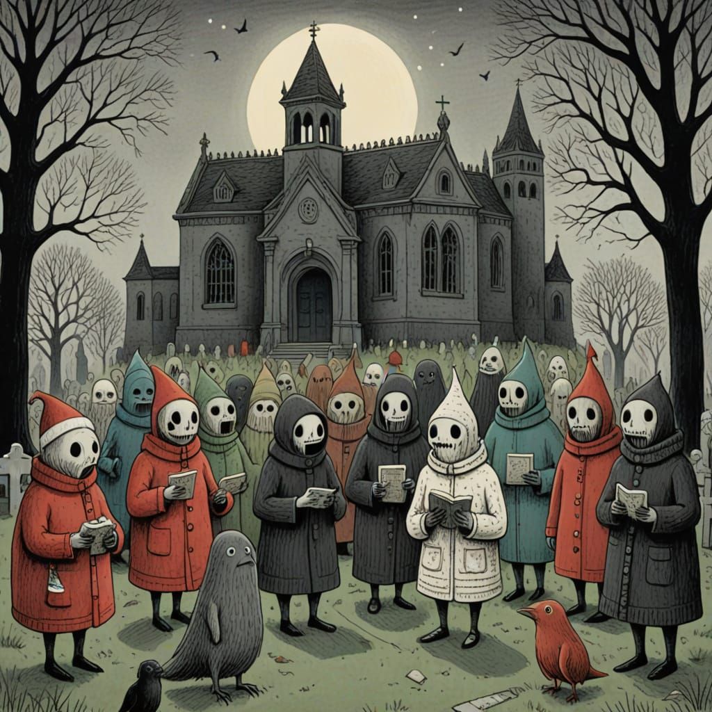 Spooky Monsters Caroling in Graveyard, Edward Gorey Style