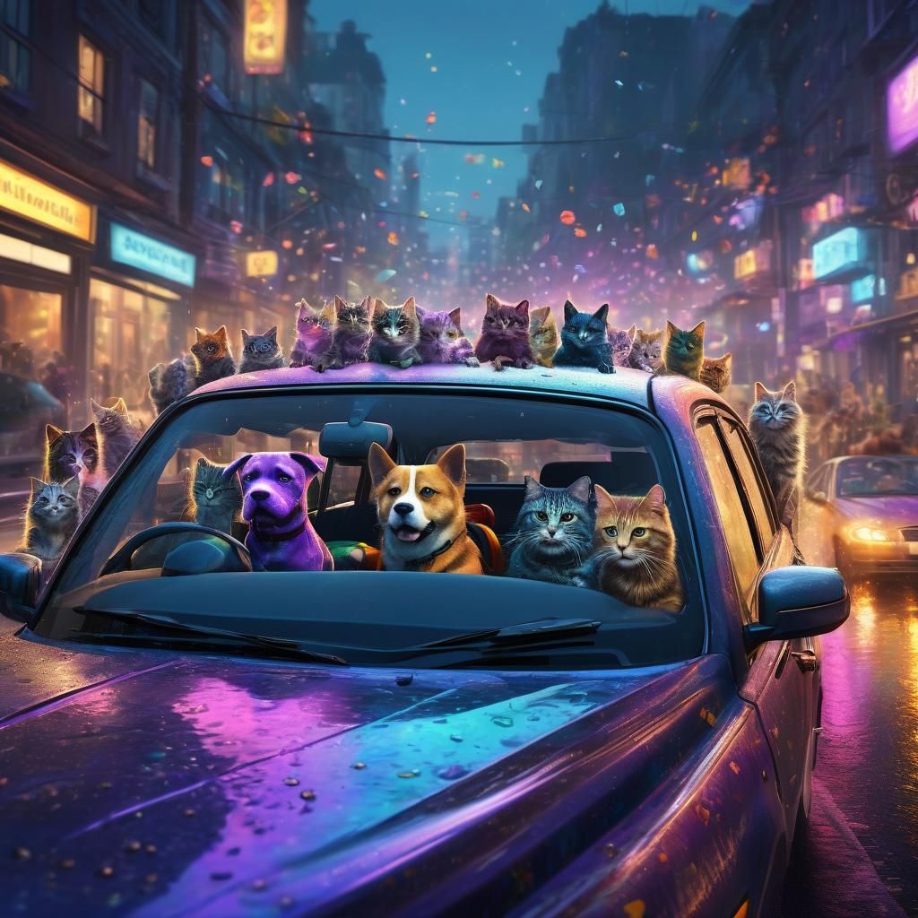 Dog Driving Cats in Car: Concept Art