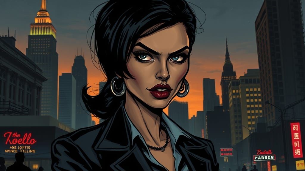 Dark Femme Fatale in Film Noir Cityscape
