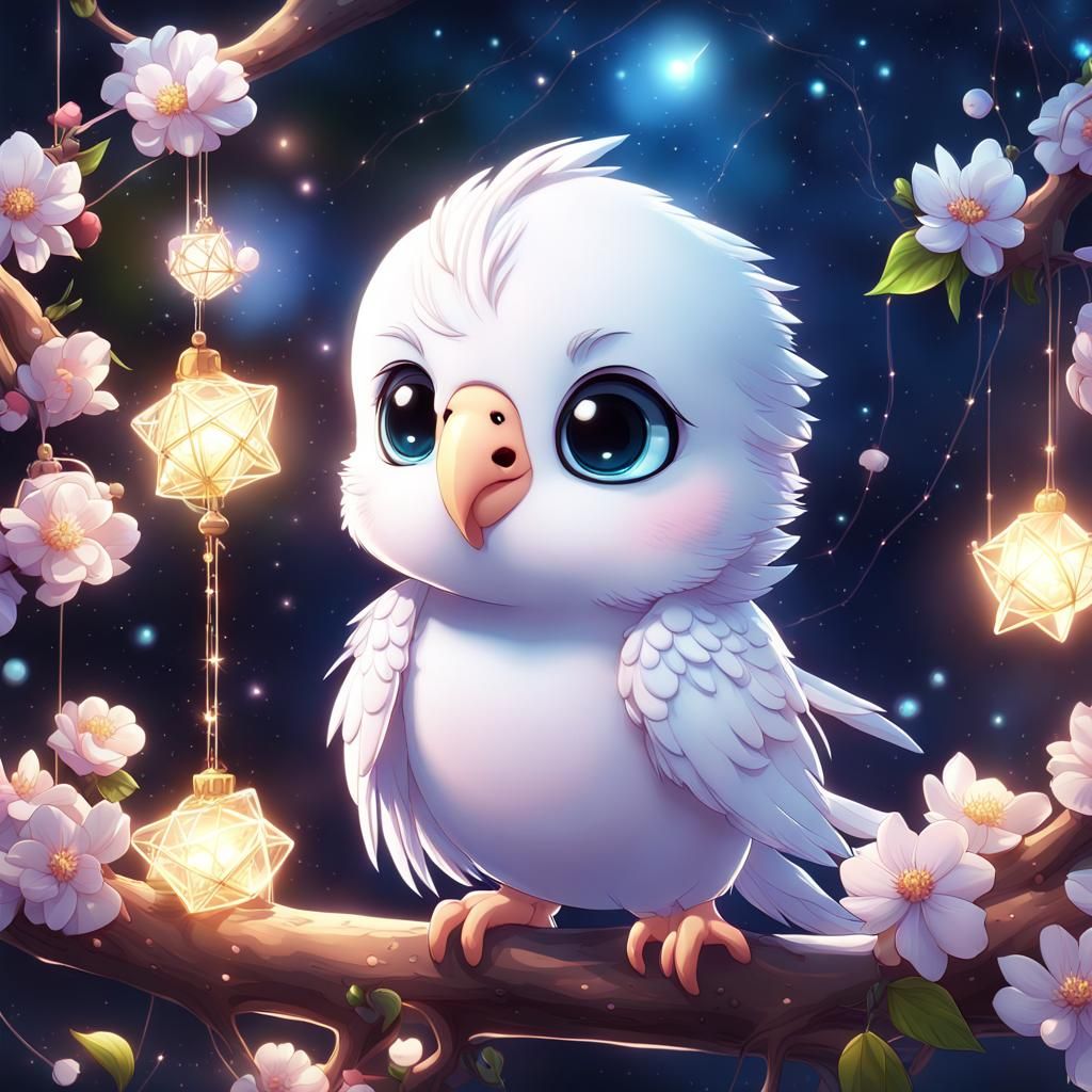 Chibi Parakeet with Magical Constellations in Anime Style