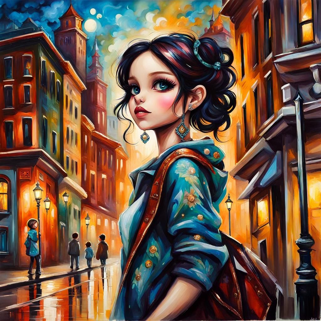 Anime Girl in Cityscape: Gouache Impasto Painting