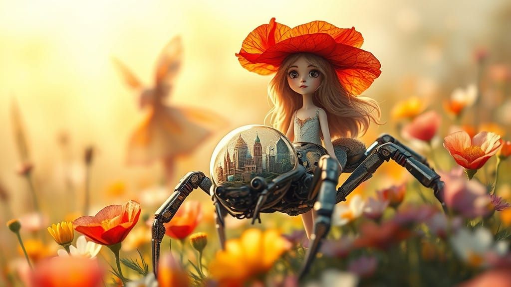 Whimsical Mechanical Spider in a Dreamy Meadow