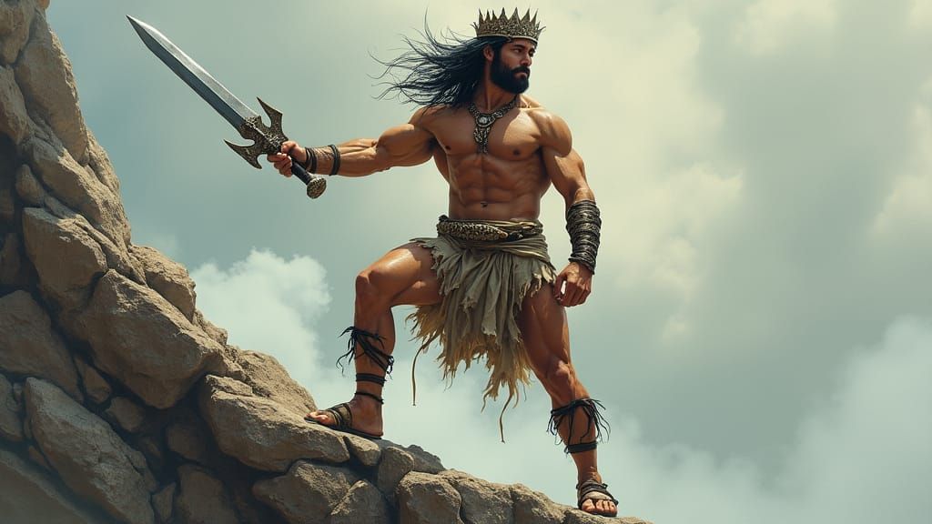 Heroic Warrior on Windswept Cliff in Frazetta Style