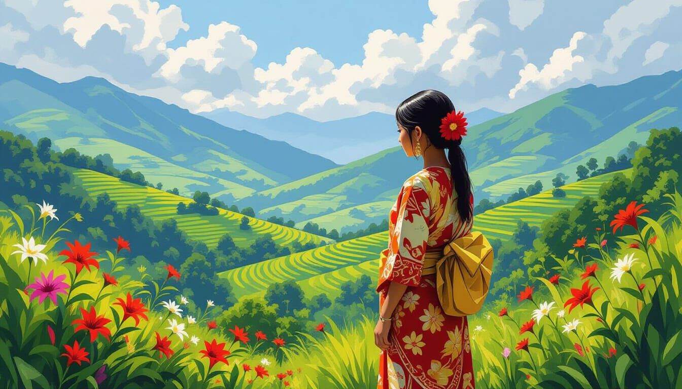 Indonesian Girl in Mountain Landscape, Impressionist Style