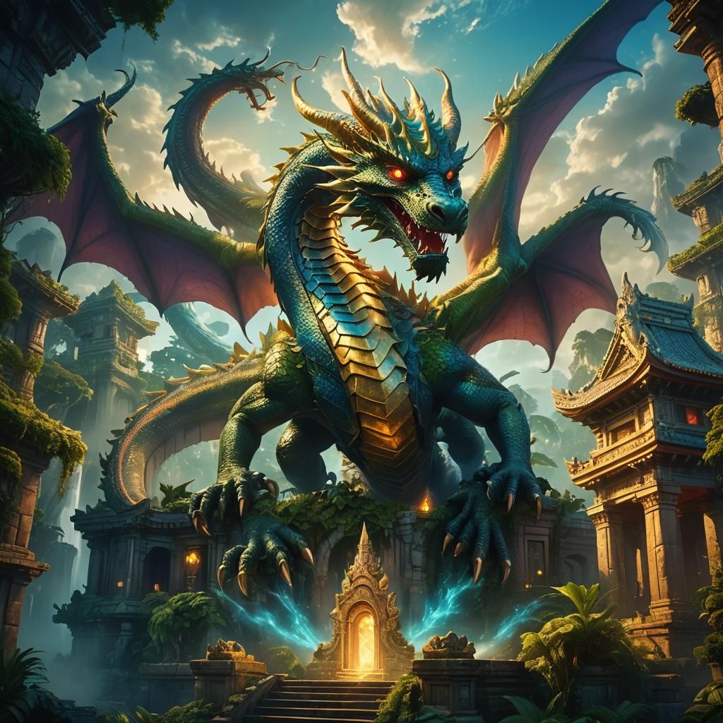 Dragon on Ancient Temple in Digital Matte Painting