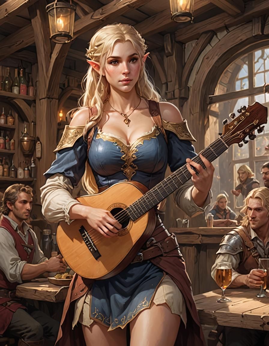 Beautiful Half-Elf Bard Plays Lute in Tavern