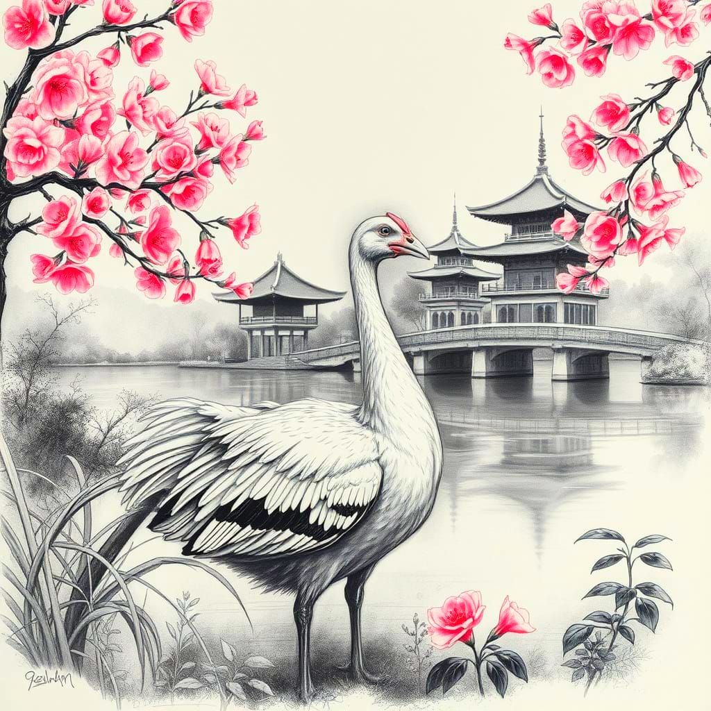 Peacock in Cherry Blossom Landscape: Charcoal Drawing