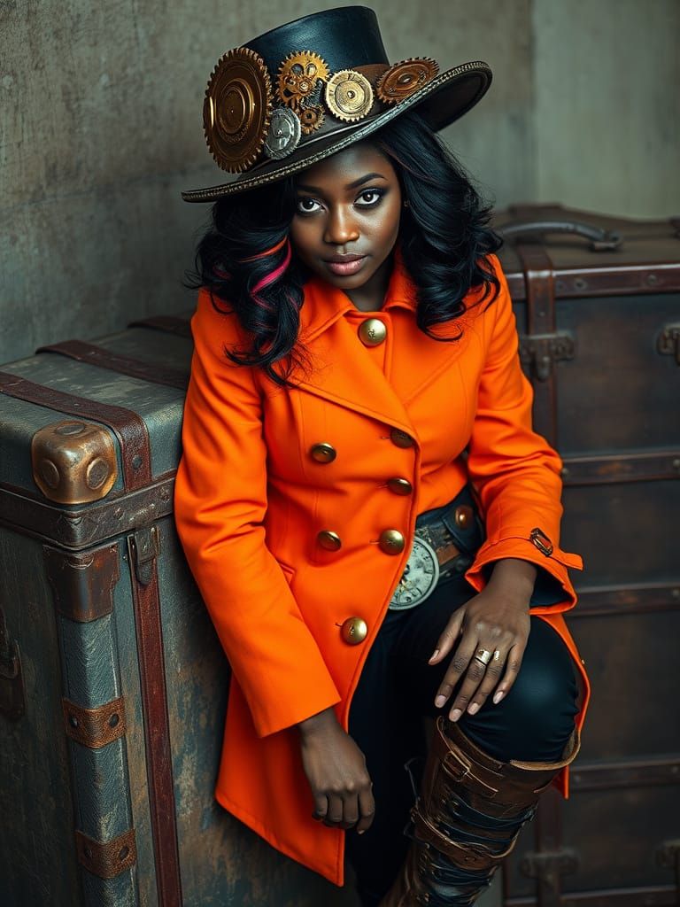 Dark-Skinned Woman in Elegant Steampunk Attire