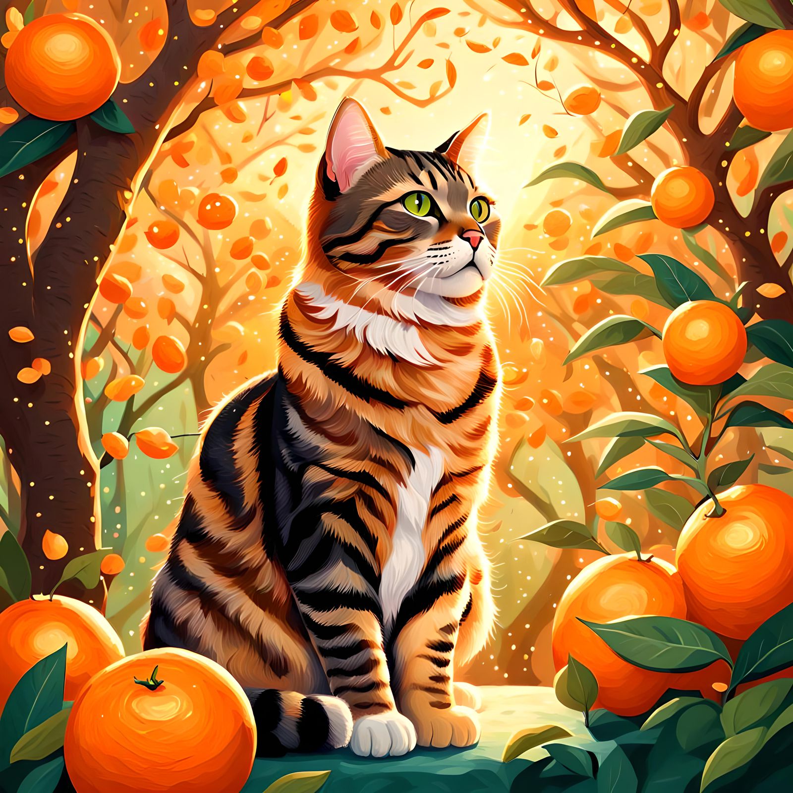 Tabby Cat in a Magical Orange Grove