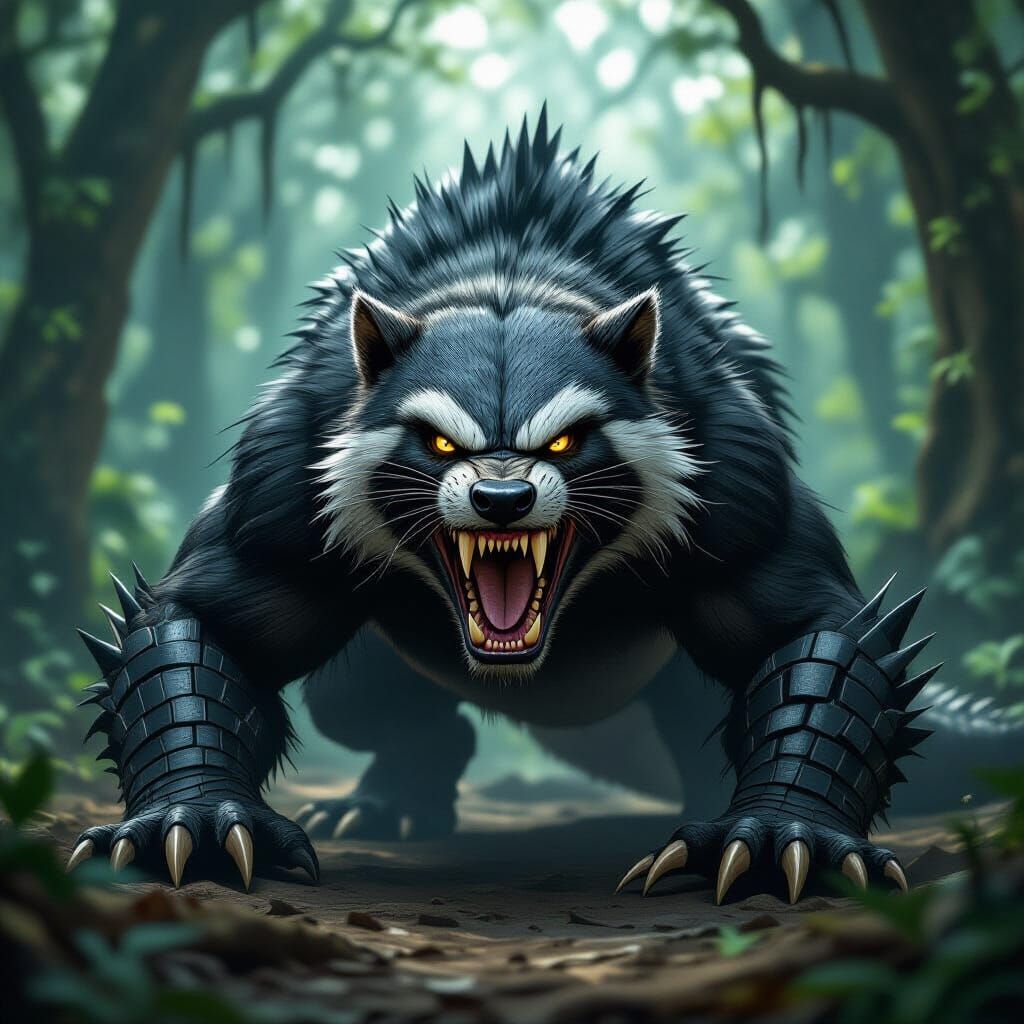 Fearsome Wolverine Alligator Hybrid in Dark Forest