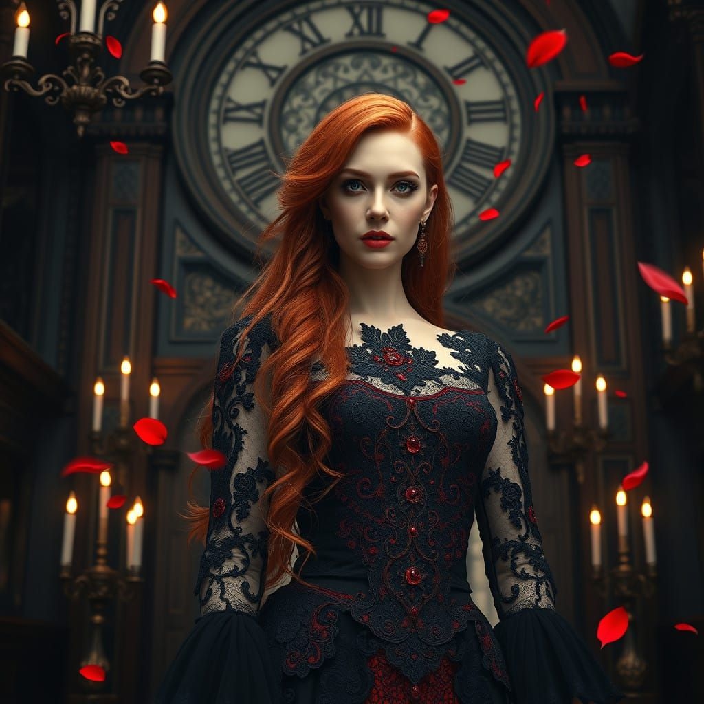 Regal Woman in Victorian-Era Gothic Mansion