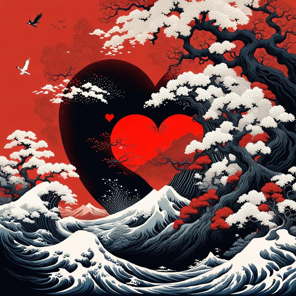 Anatomical Heart and Hand with Hokusai Wave