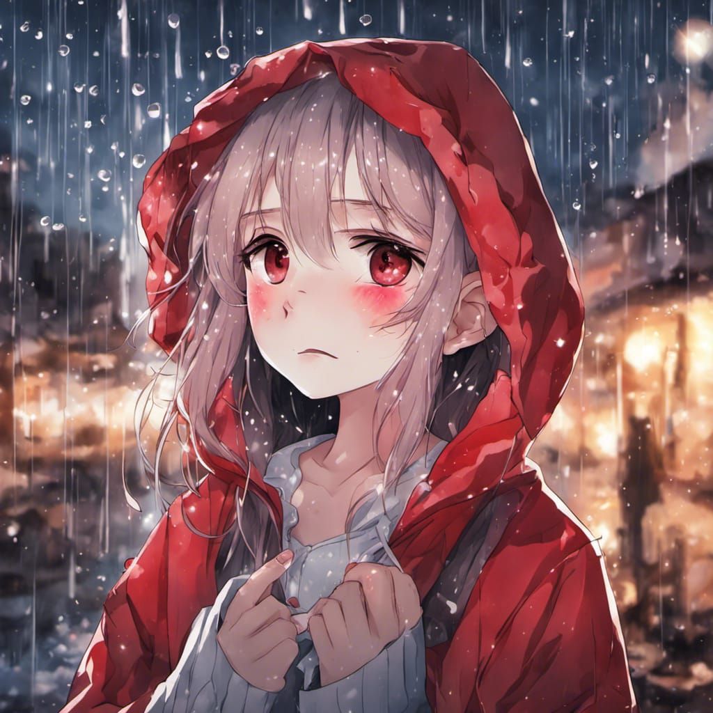 Crying Girl in Rain, Anime Style Illustration