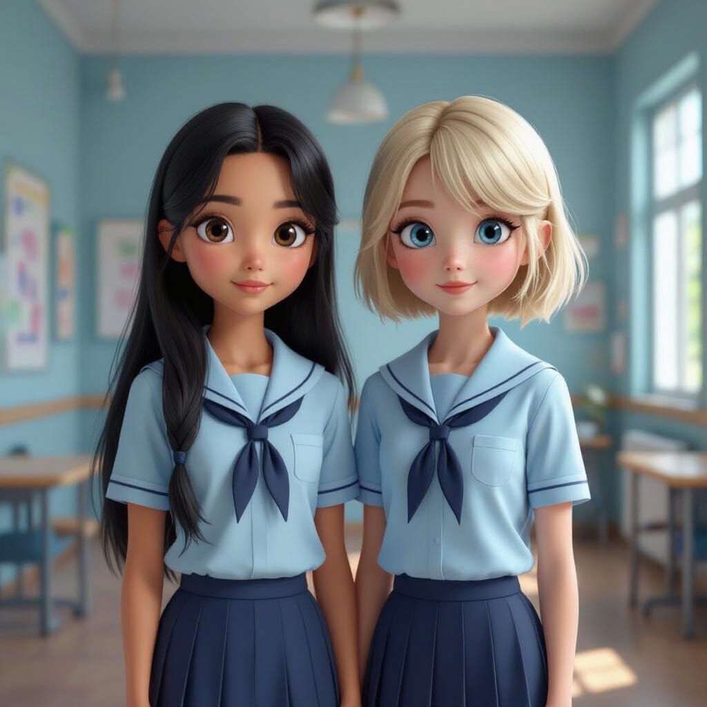 Two School Girls in Uniform, Detailed Matte Painting