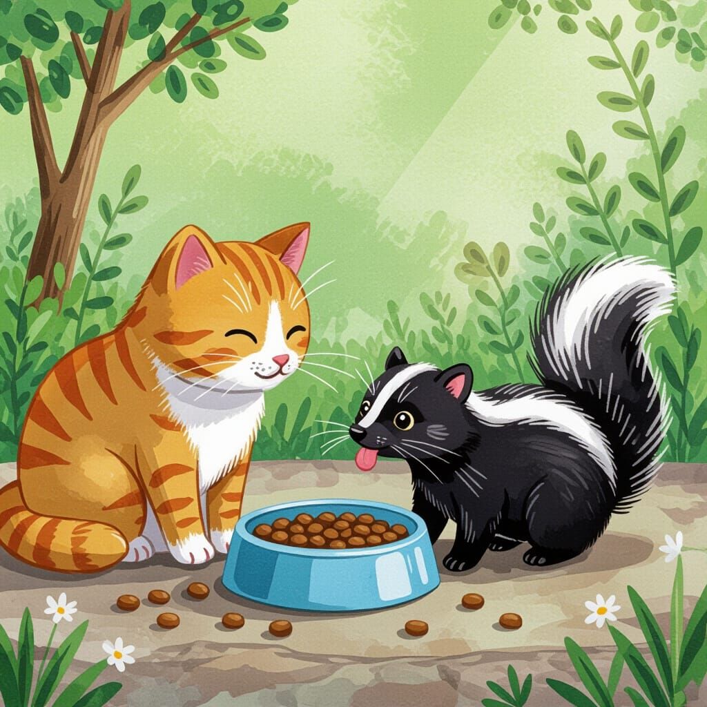 Cat and Skunk Share a Meal in Gouache Style