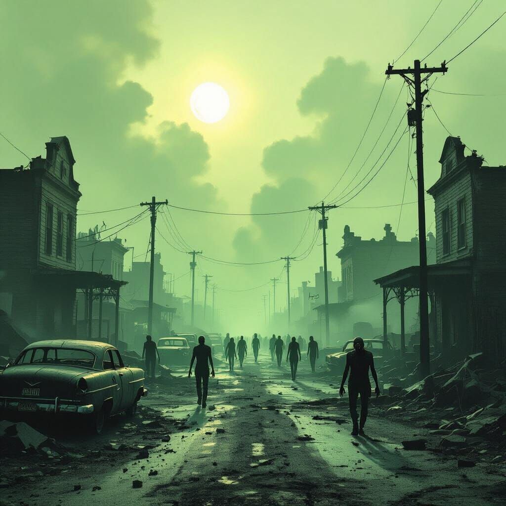 Post-Apocalyptic Zombie Town in Eerie Green Haze