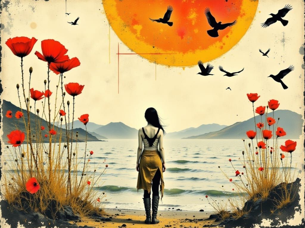 Vibrant Mixed-Media Scene with Birds and Lake