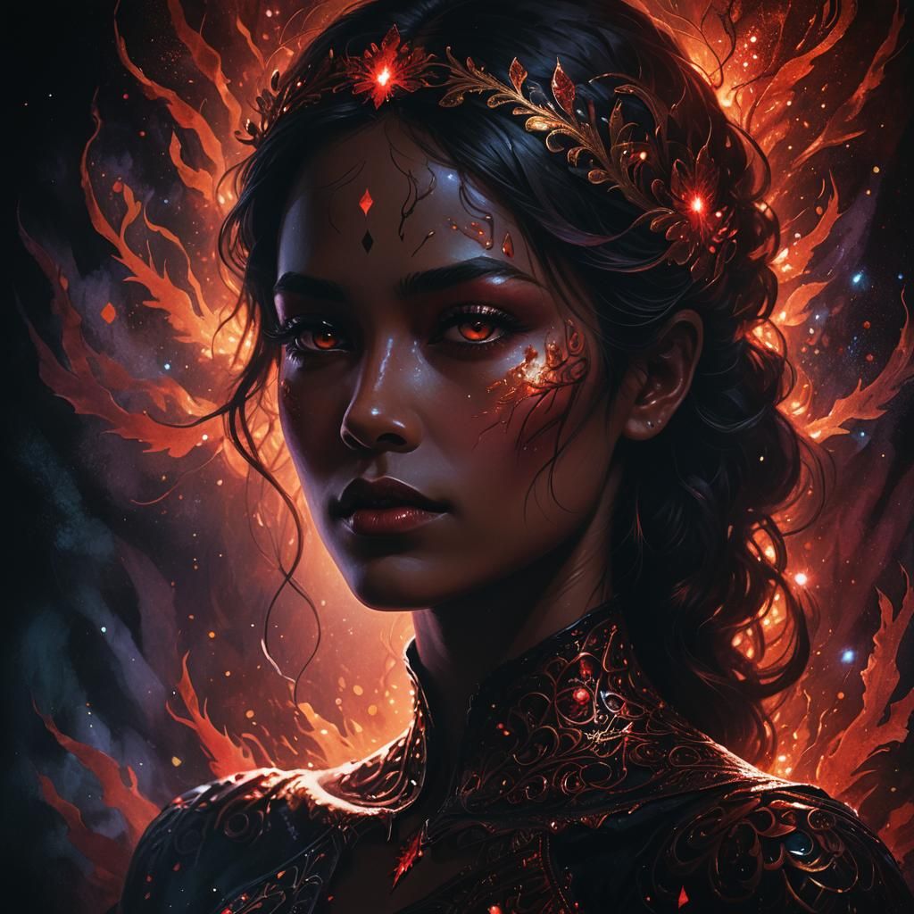 Eerie Portrait of Shadowed Woman with Red Aura
