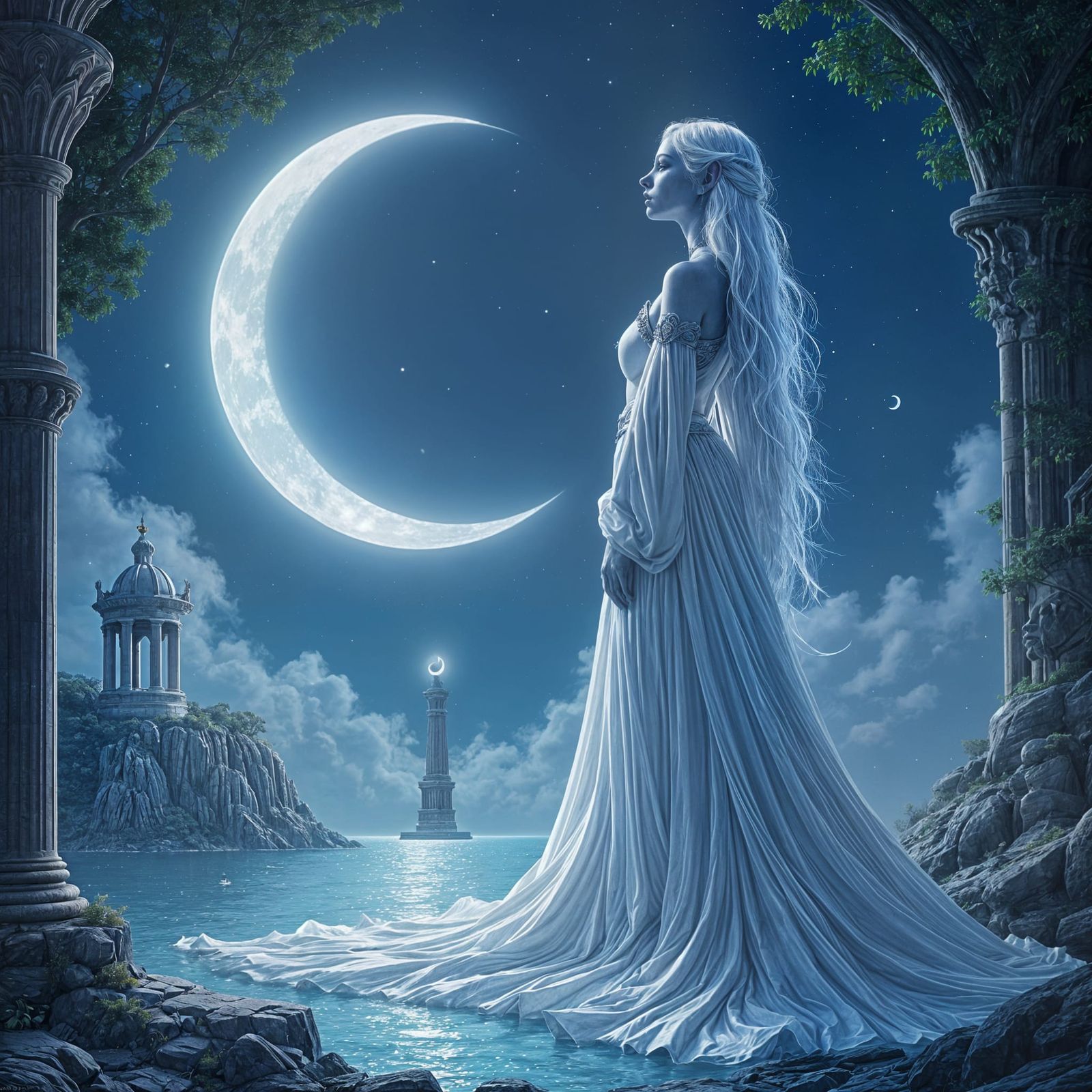 Elven Moon Priestess Amidst a Celestial Landscape