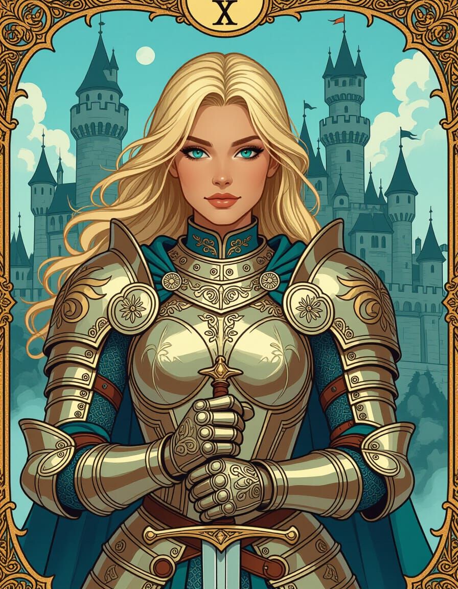 Blond Knight Guards Castle in Tarot Card Style