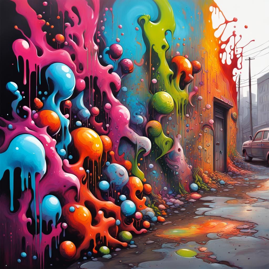 Colorful Fantasy City Graffiti Art in Oil Gouache Style